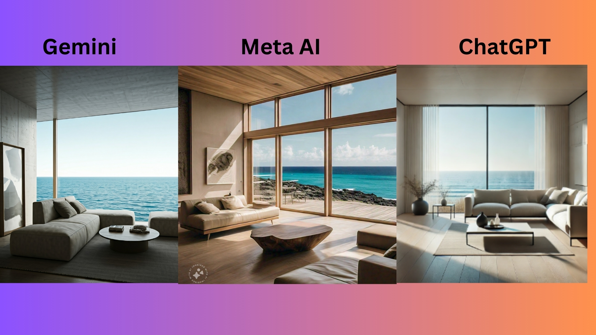 AI images of living rooms in front of the ocean